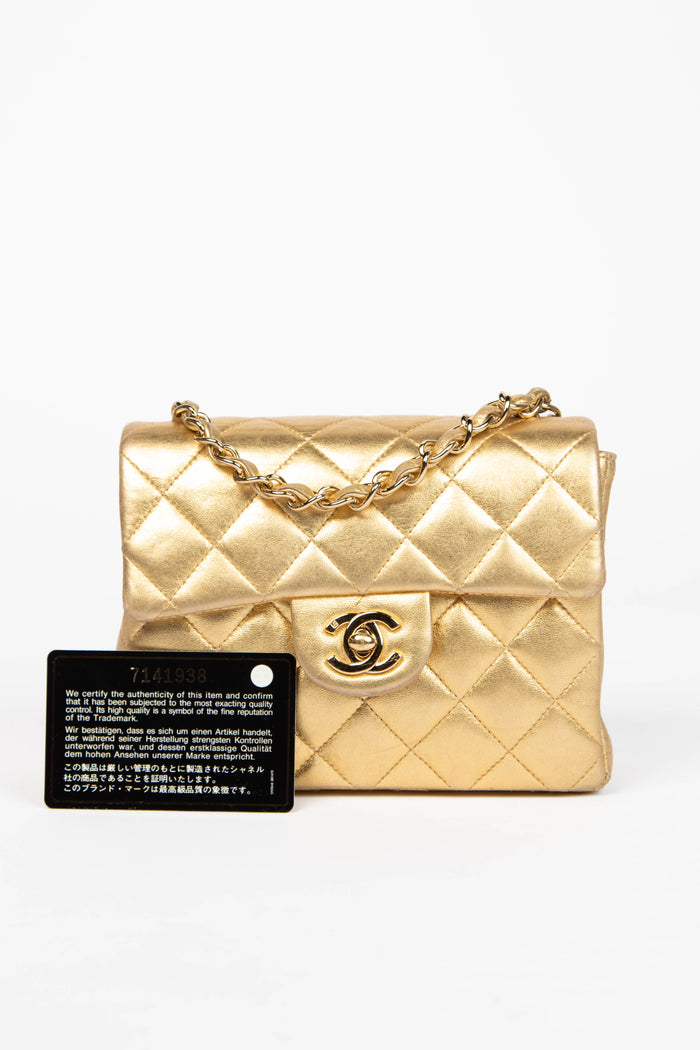 RARE 2000s Chanel Gold Lambskin Leather Mini Square Single Flap Bag 24k GHW