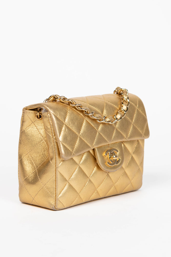 RARE 2000s Chanel Gold Lambskin Leather Mini Square Single Flap Bag 24k GHW