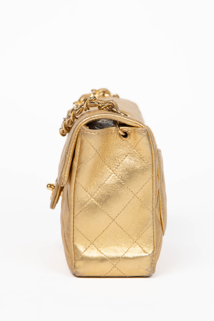 RARE 2000s Chanel Gold Lambskin Leather Mini Square Single Flap Bag 24k GHW