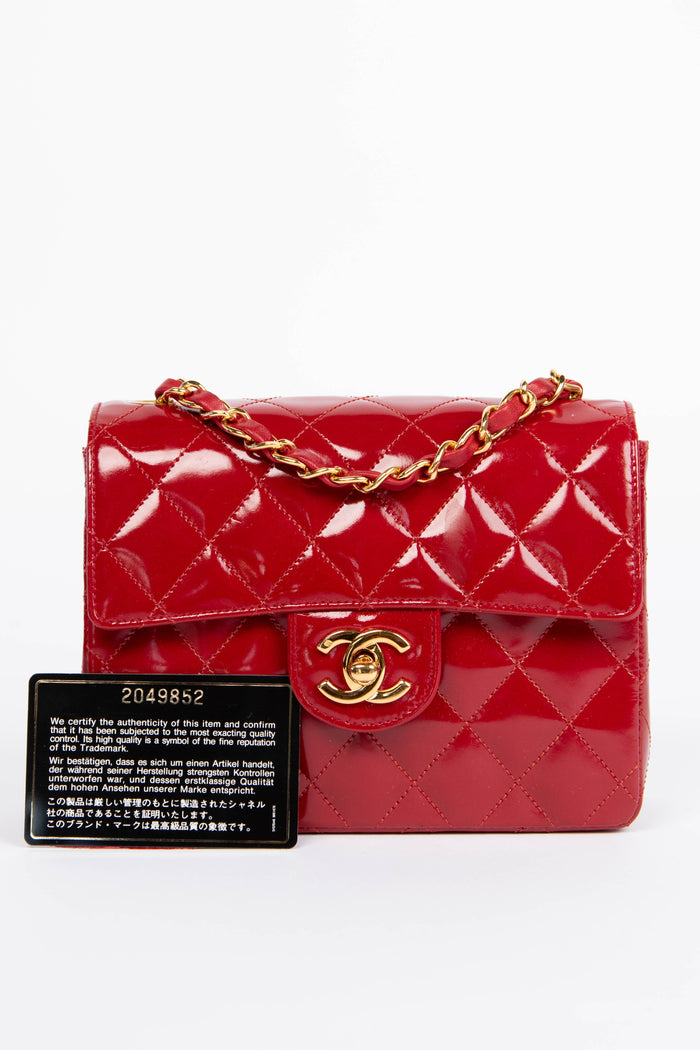90s Chanel Red Patent Leather Mini Square Single Flap Bag