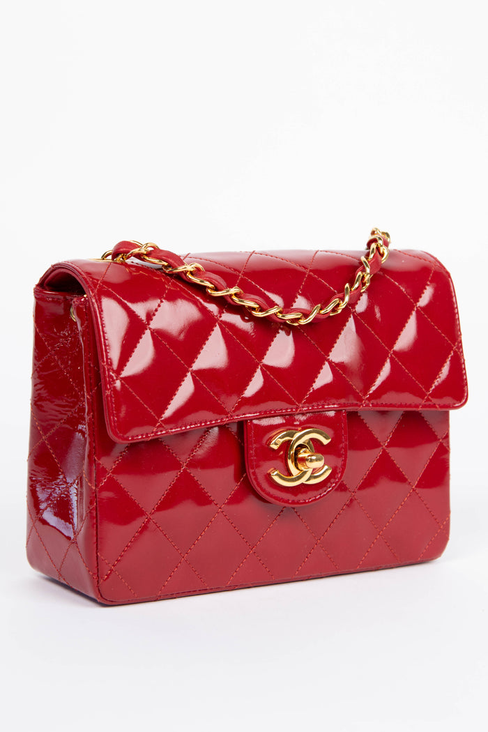 90s Chanel Red Patent Leather Mini Square Single Flap Bag