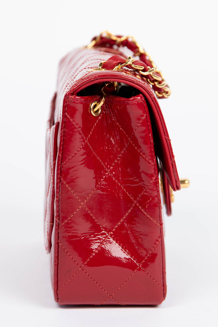 90s Chanel Red Patent Leather Mini Square Single Flap Bag