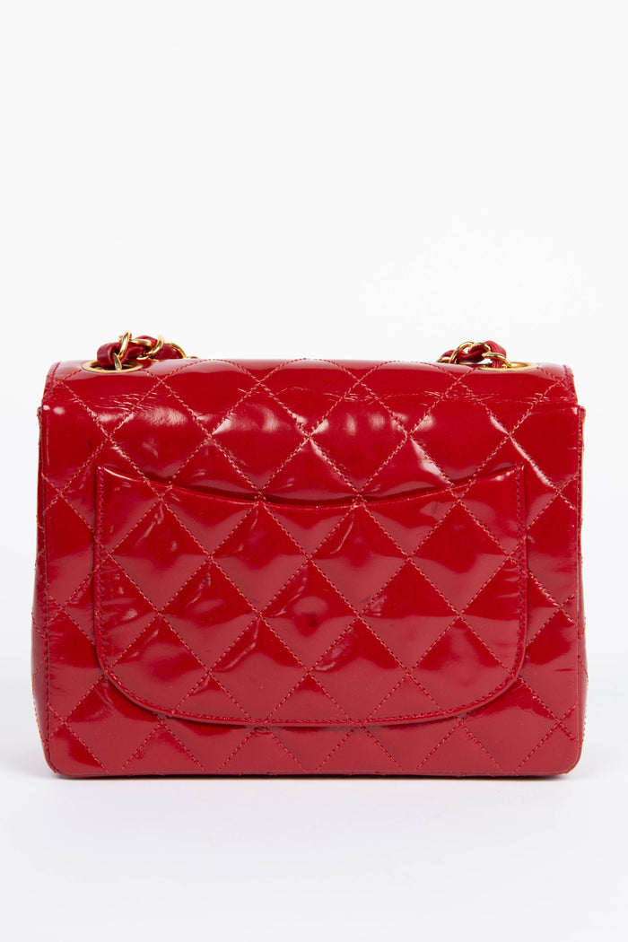 90s Chanel Red Patent Leather Mini Square Single Flap Bag