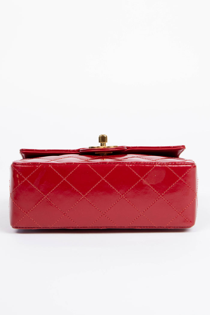 90s Chanel Red Patent Leather Mini Square Single Flap Bag