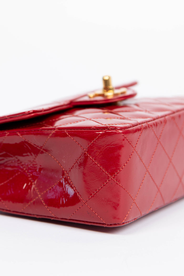 90s Chanel Red Patent Leather Mini Square Single Flap Bag