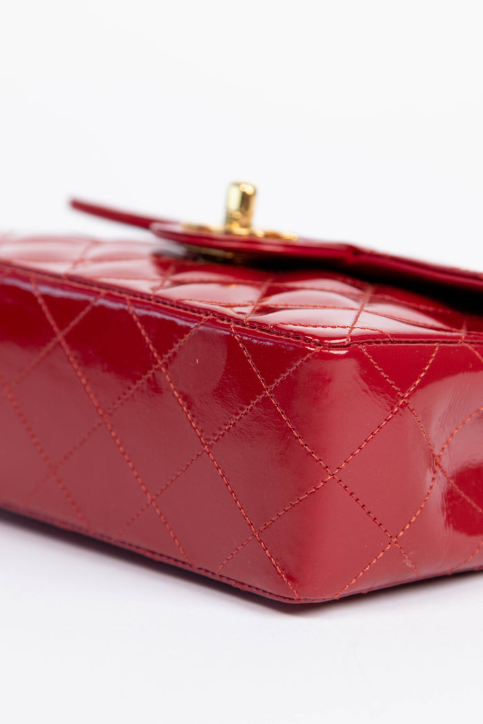 90s Chanel Red Patent Leather Mini Square Single Flap Bag