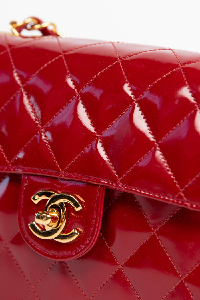 90s Chanel Red Patent Leather Mini Square Single Flap Bag
