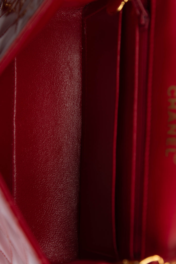 90s Chanel Red Patent Leather Mini Square Single Flap Bag