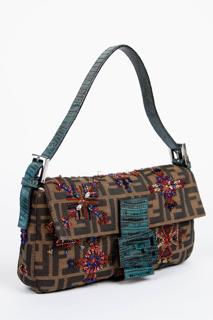 RARE Vintage Fendi Zucca Beaded Baguette Shoulder Bag