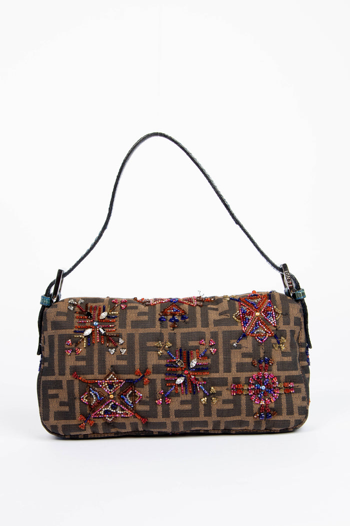 RARE Vintage Fendi Zucca Beaded Baguette Shoulder Bag
