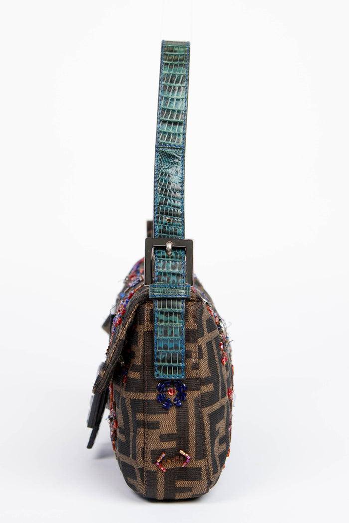 RARE Vintage Fendi Zucca Beaded Baguette Shoulder Bag