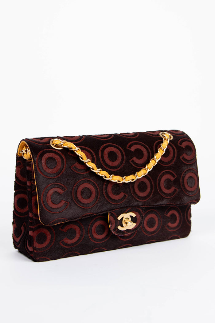 RARE 2000s Chanel Burgundy Coco Pony Hair Medium Double Flap Shoulder Bag