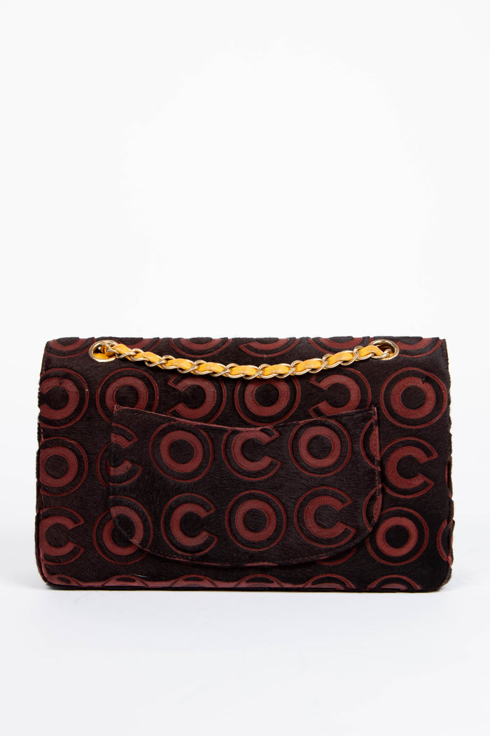 RARE 2000s Chanel Burgundy Coco Pony Hair Medium Double Flap Shoulder Bag