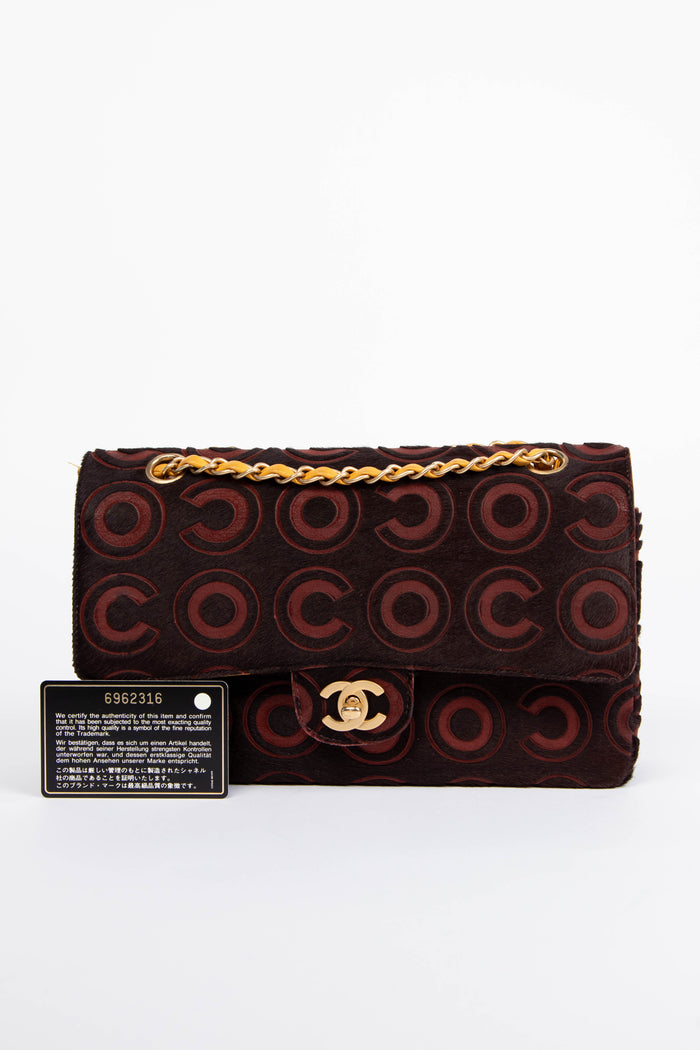 RARE 2000s Chanel Burgundy Coco Pony Hair Medium Double Flap Shoulder Bag