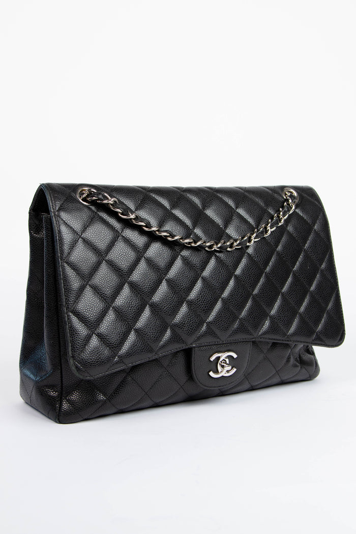 2010s Chanel Black Caviar Leather Maxi Single Flap Shoulder Bag