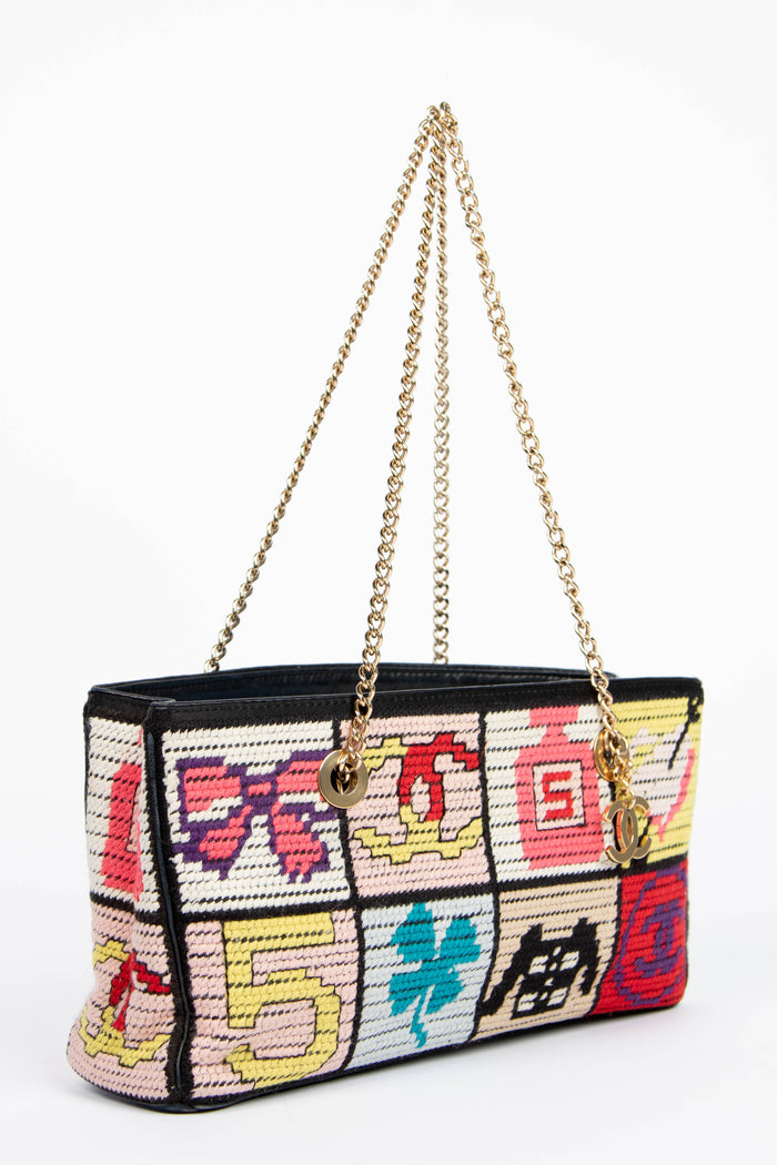 2000s Chanel Embroidered Multicolour Icon Shoulder Bag