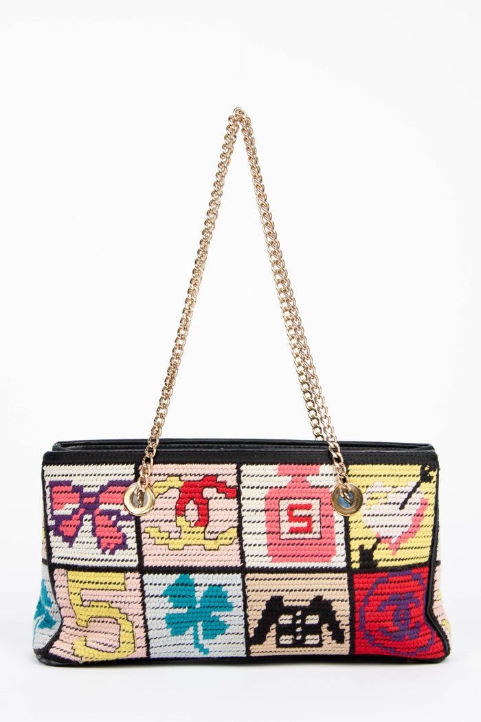 2000s Chanel Embroidered Multicolour Icon Shoulder Bag