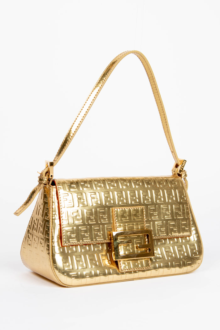 2000s Fendi Gold Metallic Zucchino Mini Mamma Shoulder Bag
