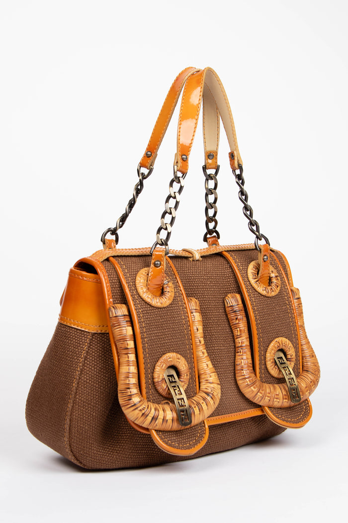 Vintage Fendi Brown Raffia and Wicker Buckle B Shoulder Bag