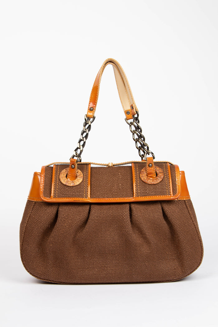 Vintage Fendi Brown Raffia and Wicker Buckle B Shoulder Bag