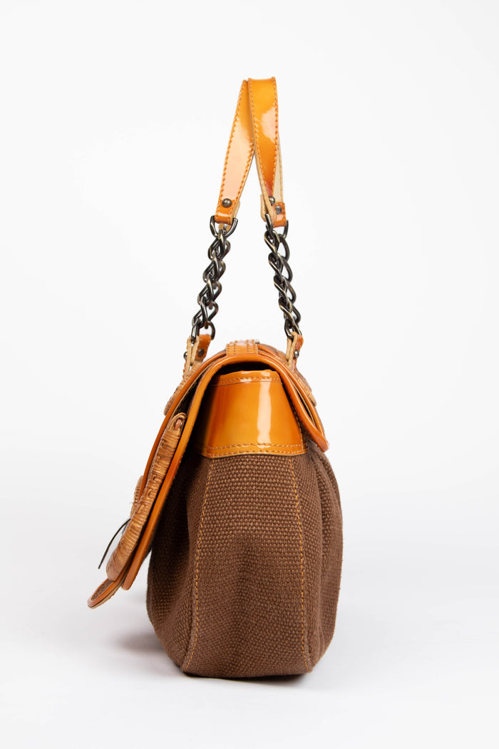 Vintage Fendi Brown Raffia and Wicker Buckle B Shoulder Bag