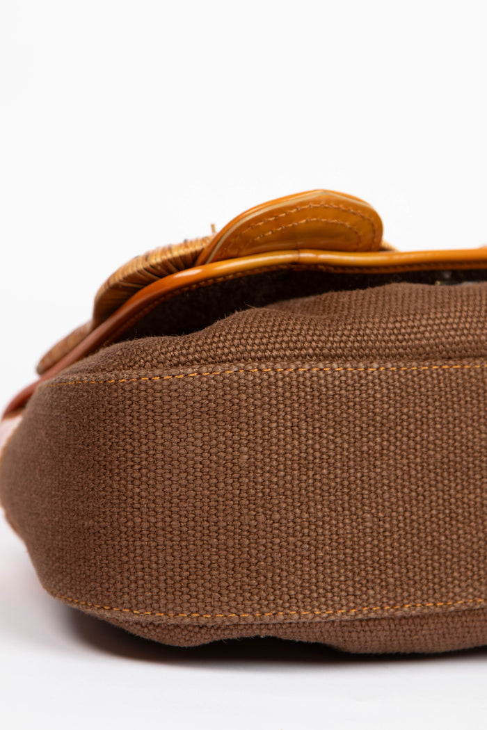 Vintage Fendi Brown Raffia and Wicker Buckle B Shoulder Bag