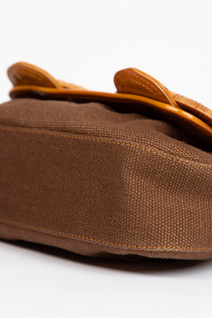 Vintage Fendi Brown Raffia and Wicker Buckle B Shoulder Bag