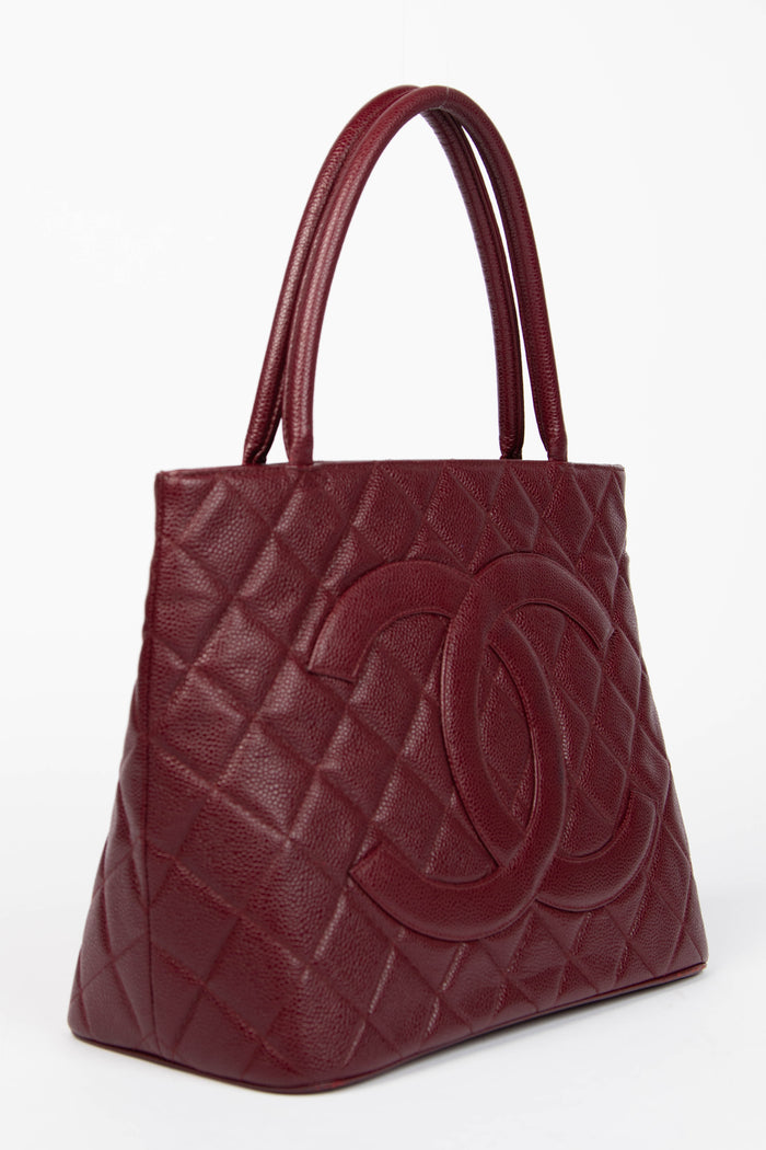 2000s Chanel Bordeaux Caviar Leather Gold Medallion Tote Bag