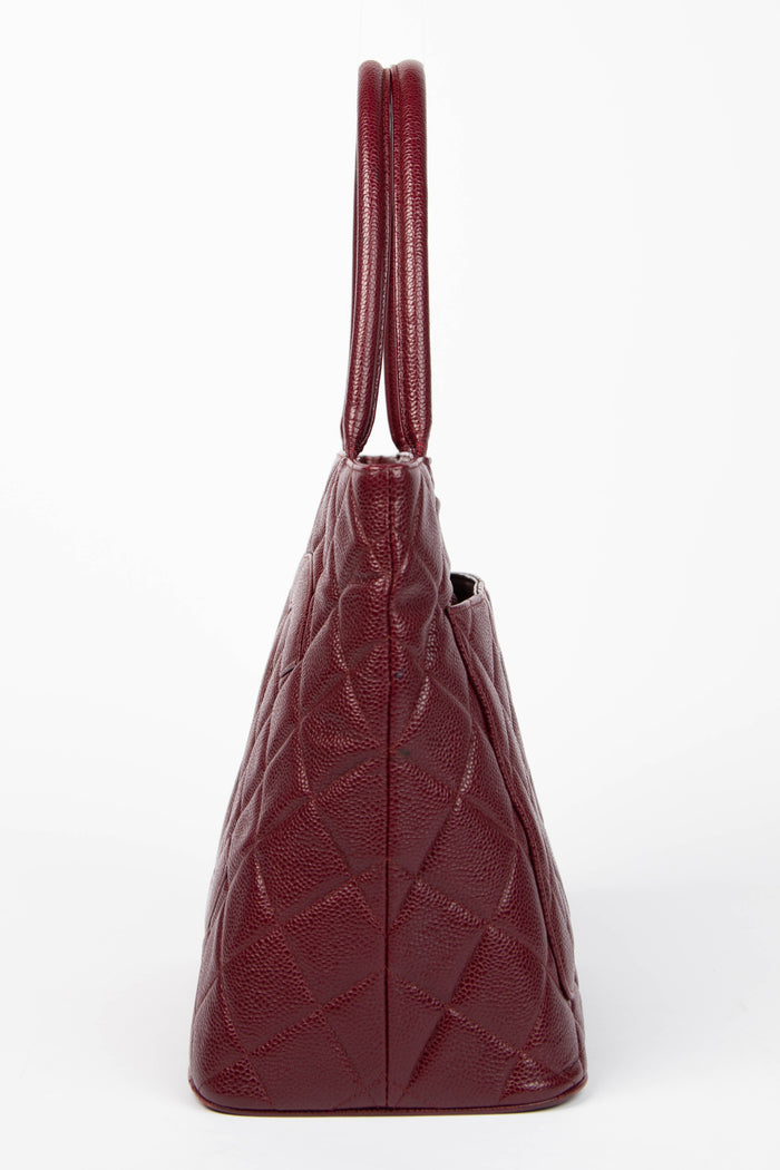 2000s Chanel Bordeaux Caviar Leather Gold Medallion Tote Bag