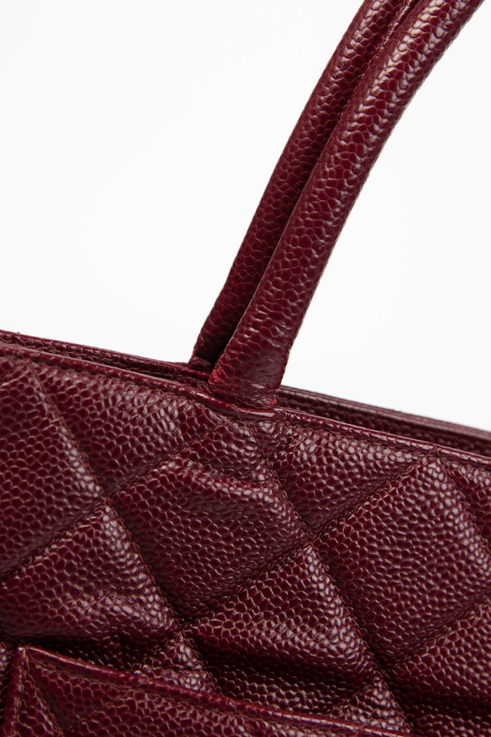 2000s Chanel Bordeaux Caviar Leather Gold Medallion Tote Bag