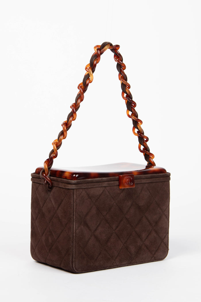 Vintage Chanel Brown Suede Vanity Box Shoulder Bag