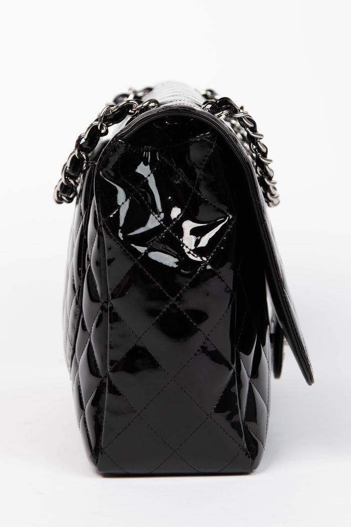 2010s Chanel Black Patent Leather Maxi Single Flap Shoulder Bag