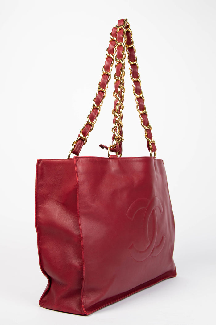Vintage Chanel Red Lambskin Leather Tote Bag with 24K GHW