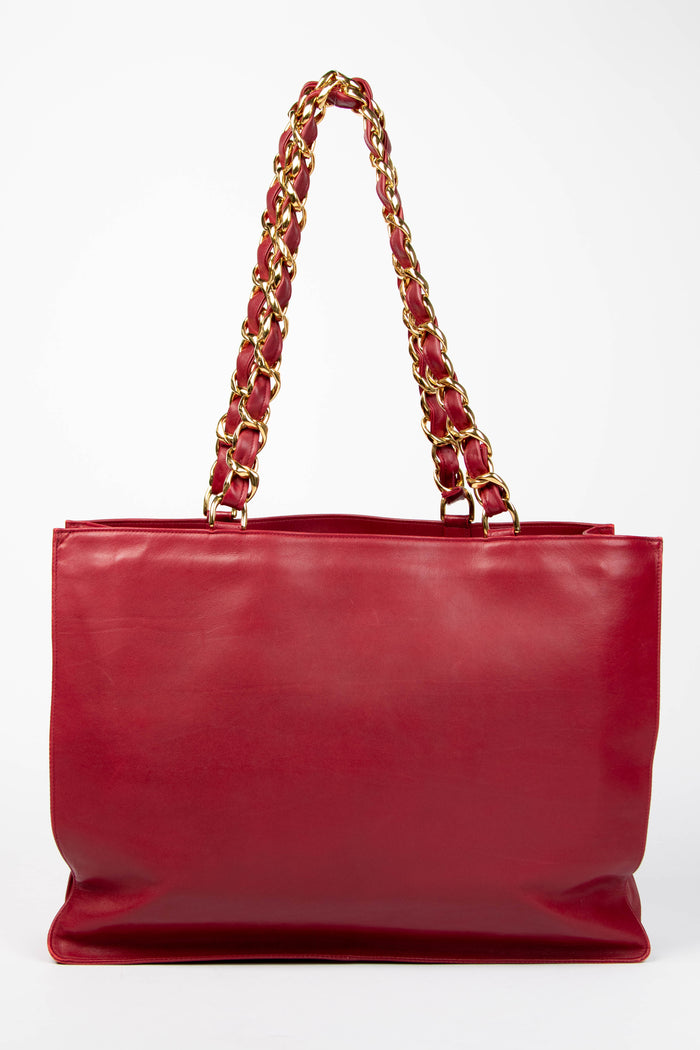 Vintage Chanel Red Lambskin Leather Tote Bag with 24K GHW
