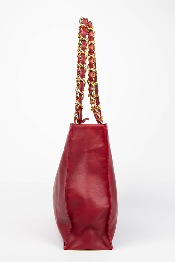 Vintage Chanel Red Lambskin Leather Tote Bag with 24K GHW