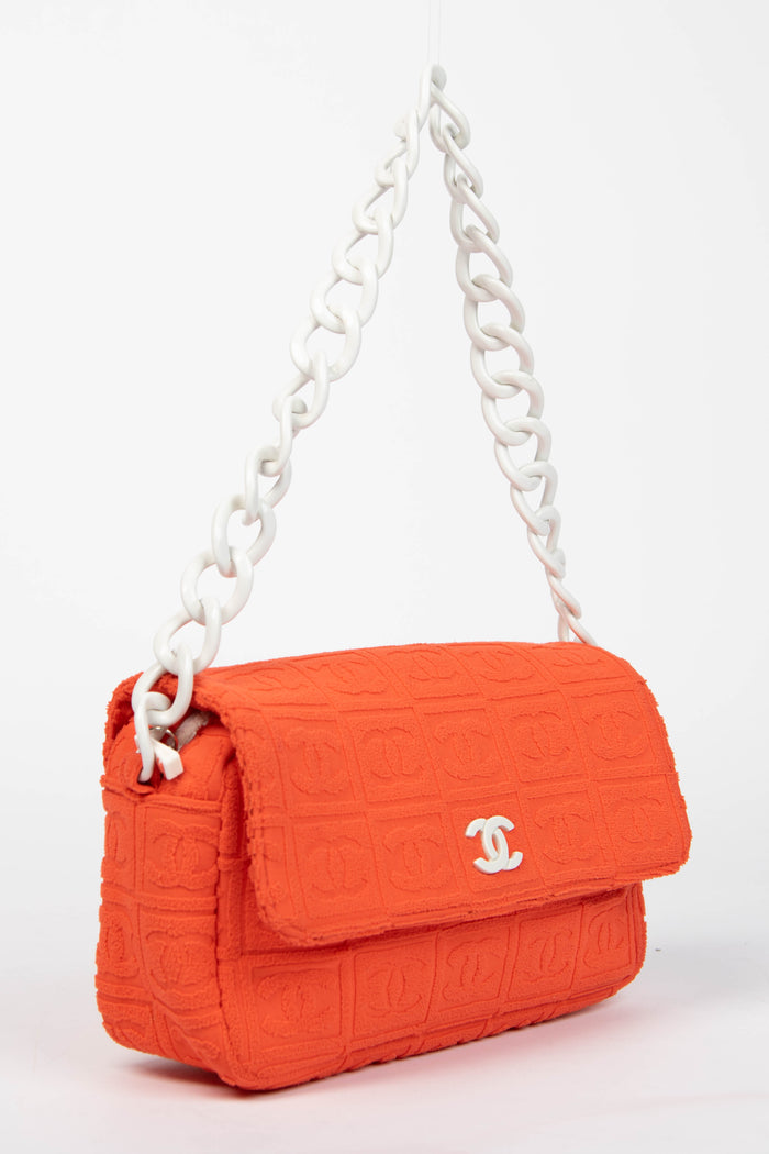 2000s Chanel Orange CC Embossed Terry Towelling Single Flap Bag