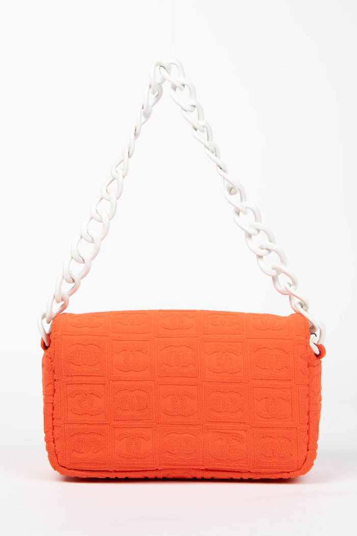 2000s Chanel Orange CC Embossed Terry Towelling Single Flap Bag