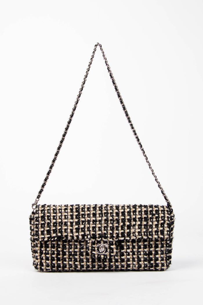 2000s Chanel Black & White Tweed East West Single Flap Bag