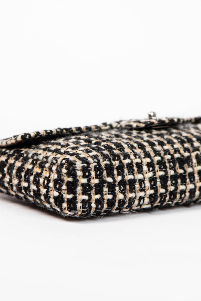 2000s Chanel Black & White Tweed East West Single Flap Bag