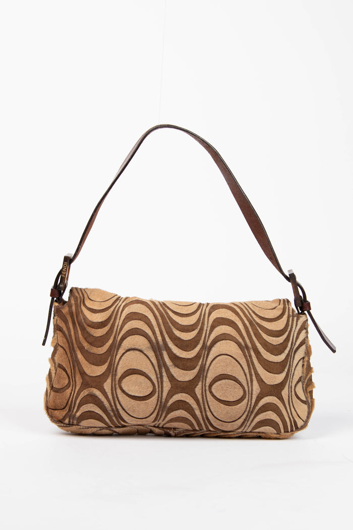 RARE Fendi Brown Ponyhair Swirl Print Baguette Bag