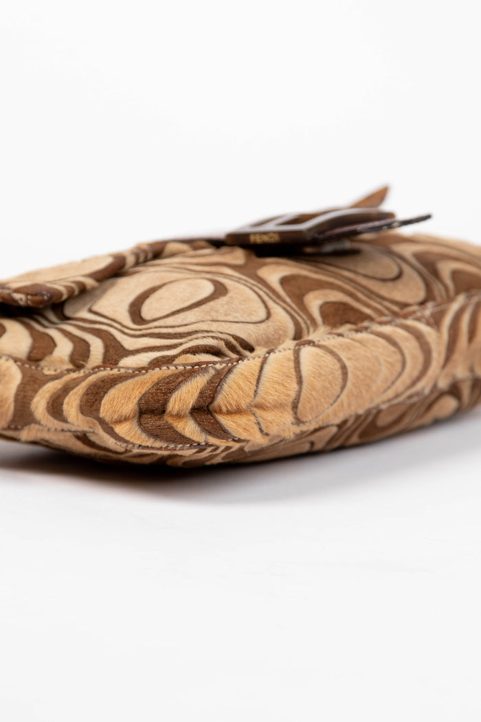 RARE Fendi Brown Ponyhair Swirl Print Baguette Bag
