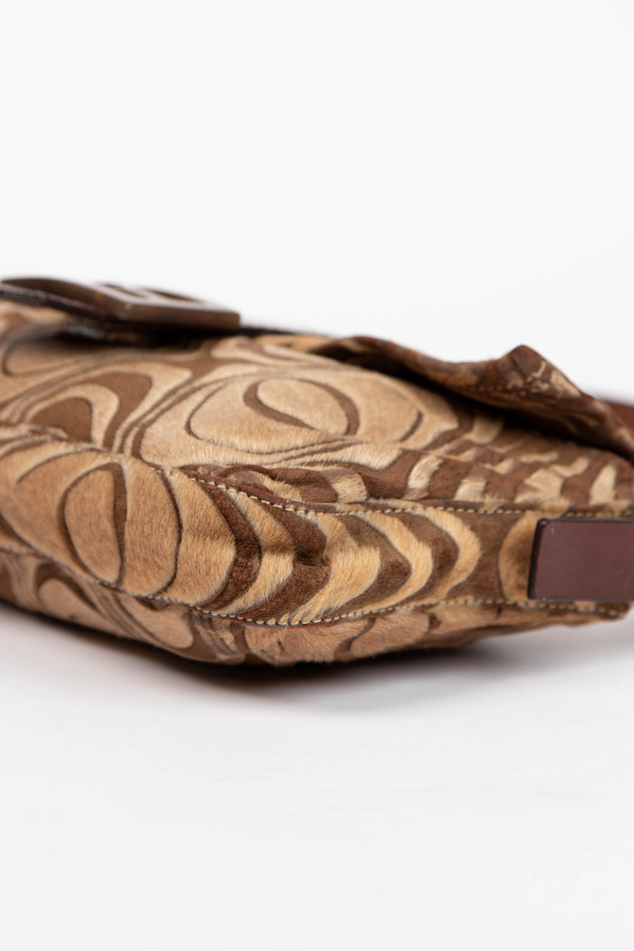 RARE Fendi Brown Ponyhair Swirl Print Baguette Bag