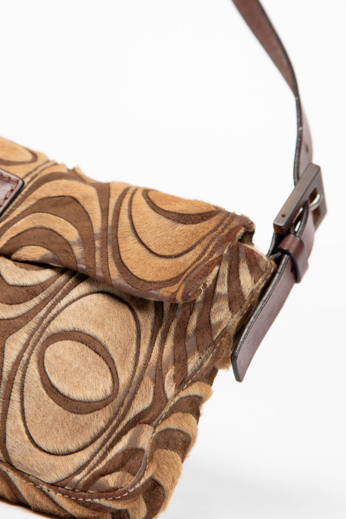 RARE Fendi Brown Ponyhair Swirl Print Baguette Bag