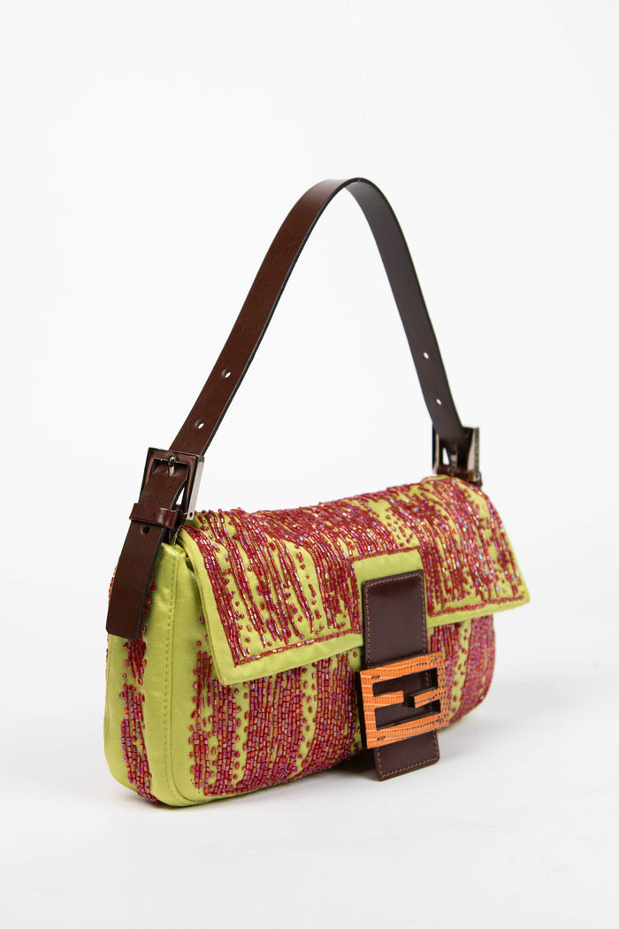 RARE Fendi Green Satin Beaded Baguette Shoulder Bag