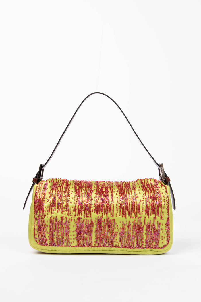 RARE Fendi Green Satin Beaded Baguette Shoulder Bag