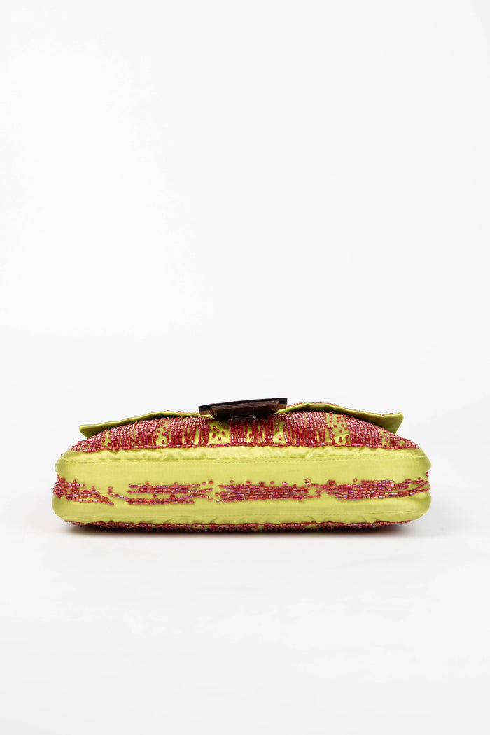 RARE Fendi Green Satin Beaded Baguette Shoulder Bag