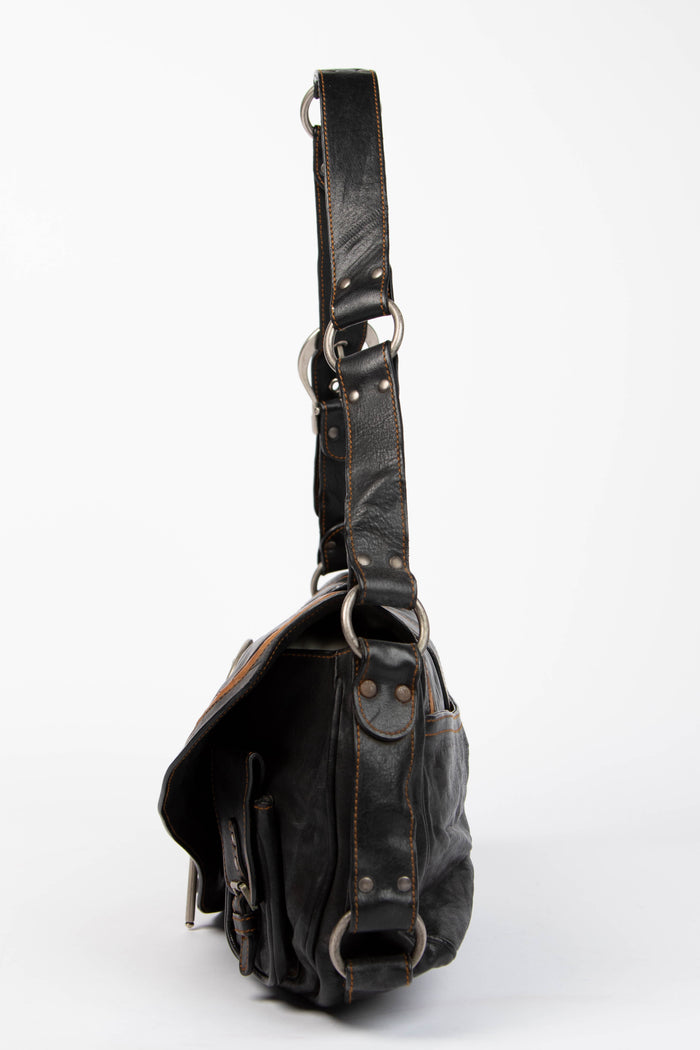 2000s Christian Dior Black Leather Gaucho Shoulder Bag