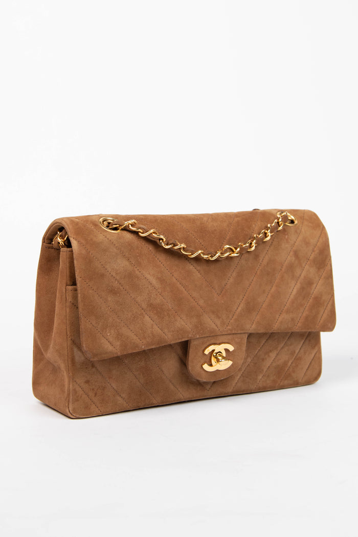 RARE Chanel Brown Suede Chevron Medium Double Flap Bag with 24k GHW