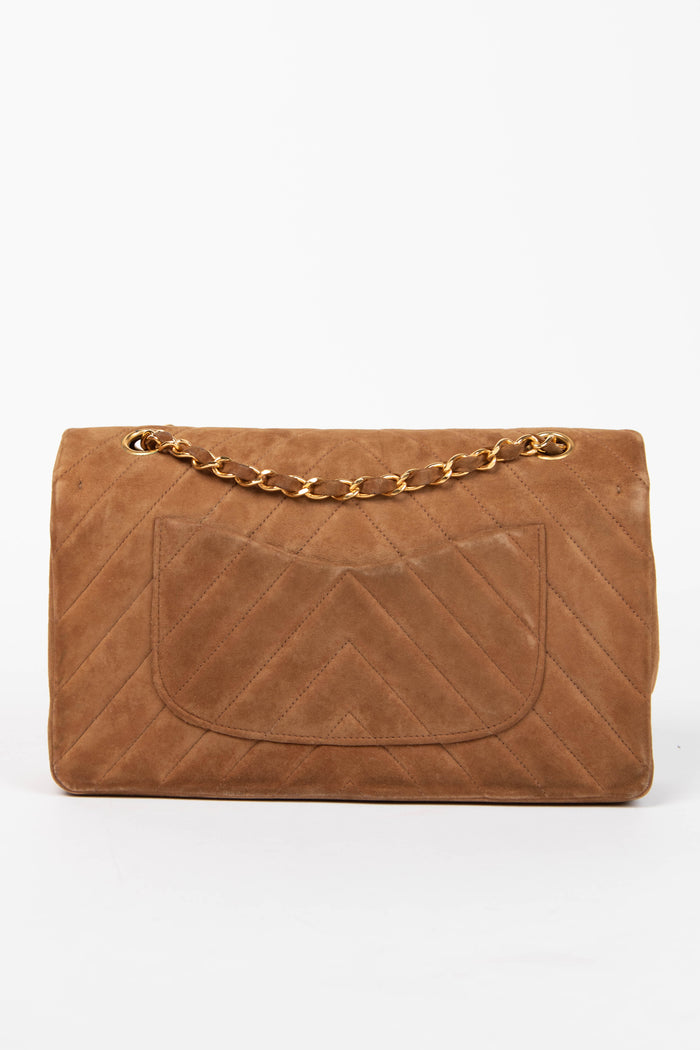 RARE Chanel Brown Suede Chevron Medium Double Flap Bag with 24k GHW