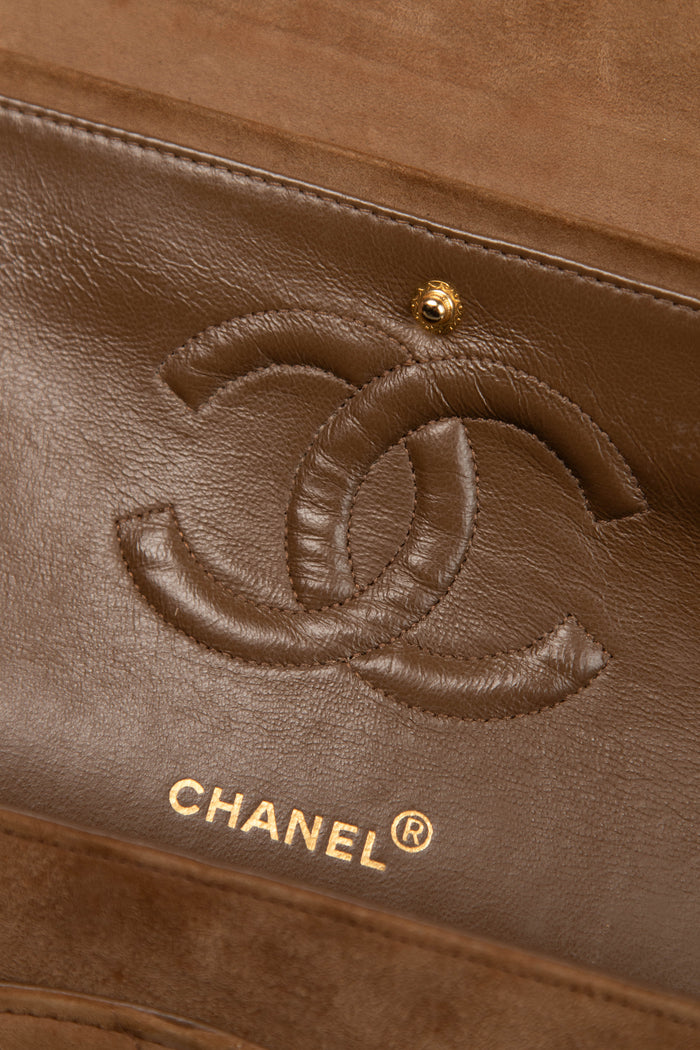 RARE Chanel Brown Suede Chevron Medium Double Flap Bag with 24k GHW